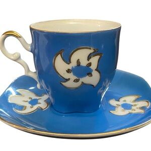 Blue and White Floral Teacup and Saucer